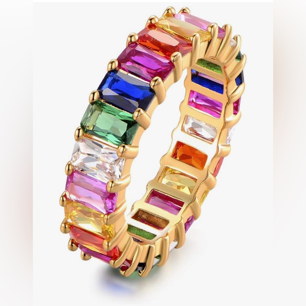 Emerald-Cut Rainbow Multi Color Gemstone Eternity Ring